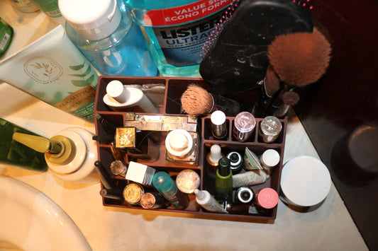 Wood-Look Makeup Organizer | Multi-Compartment Cosmetic Storage | Desk & Vanity Organizer