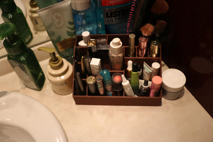Wood-Look Makeup Organizer | Multi-Compartment Cosmetic Storage | Desk & Vanity Organizer