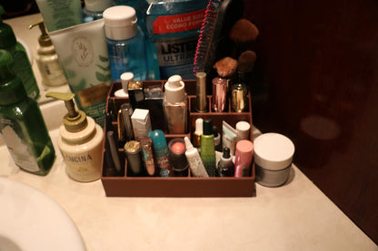 Wood-Look Makeup Organizer | Multi-Compartment Cosmetic Storage | Desk & Vanity Organizer