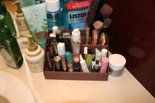 Wood-Look Makeup Organizer | Multi-Compartment Cosmetic Storage | Desk & Vanity Organizer