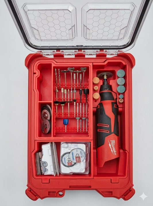Milwaukee M12 Rotary Tool Kit without Dremel Accessories - Grinder Set, Custom Tool Organizer Case - Optional Milwaukee Packout Integration